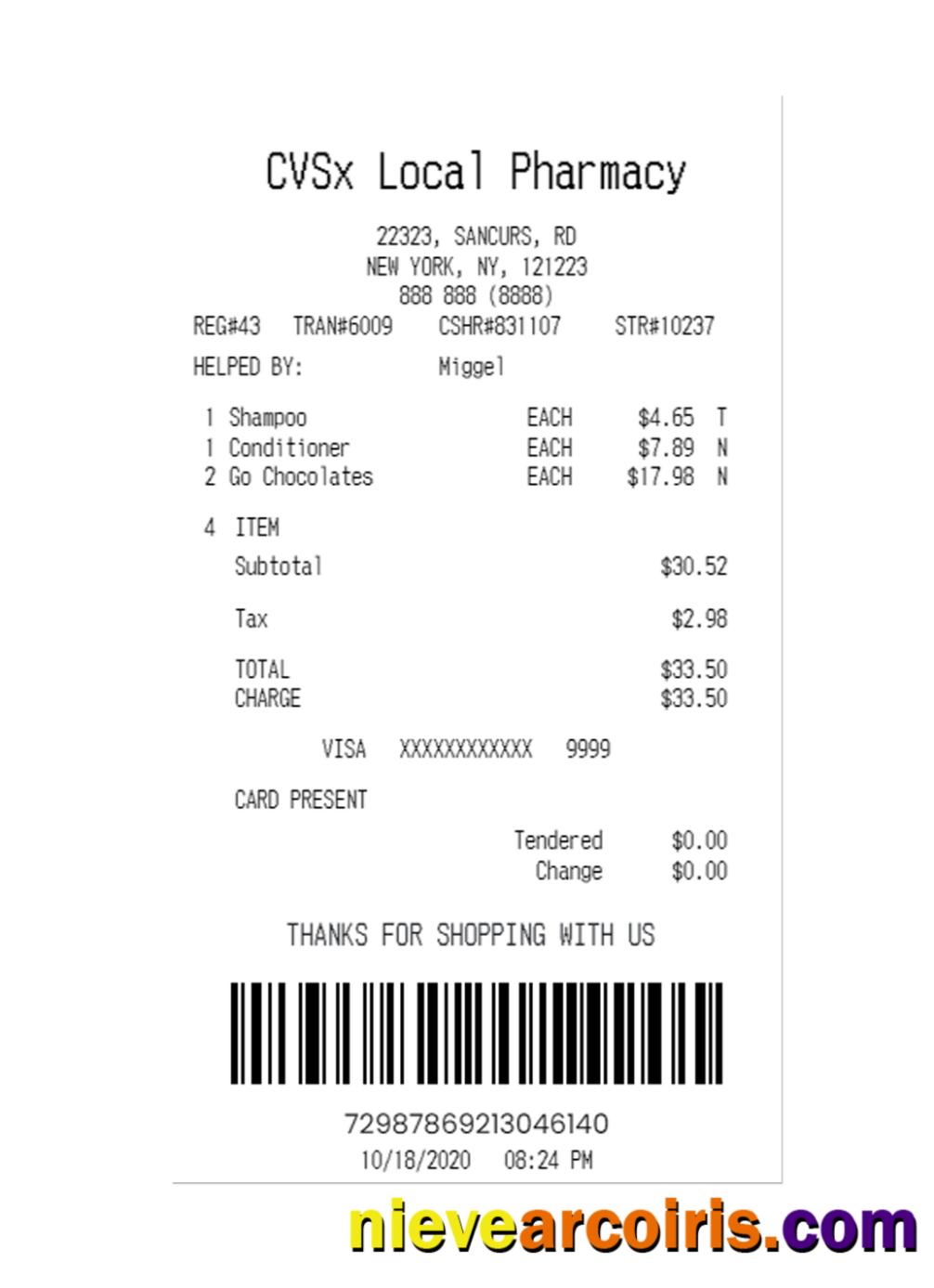 CVSx LOCAL PHARMACY payment receipt